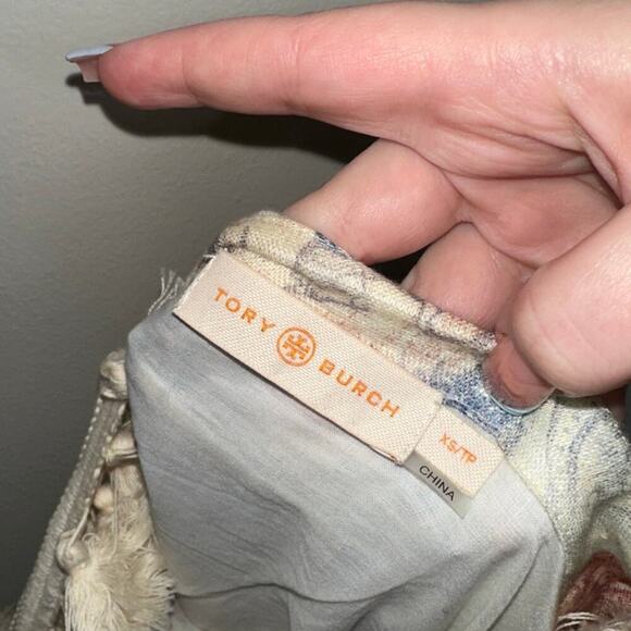 Tory Burch Tasseled Patchwork Printed Linen Midi Dress Far Away Size XS - Picture 3 of 8